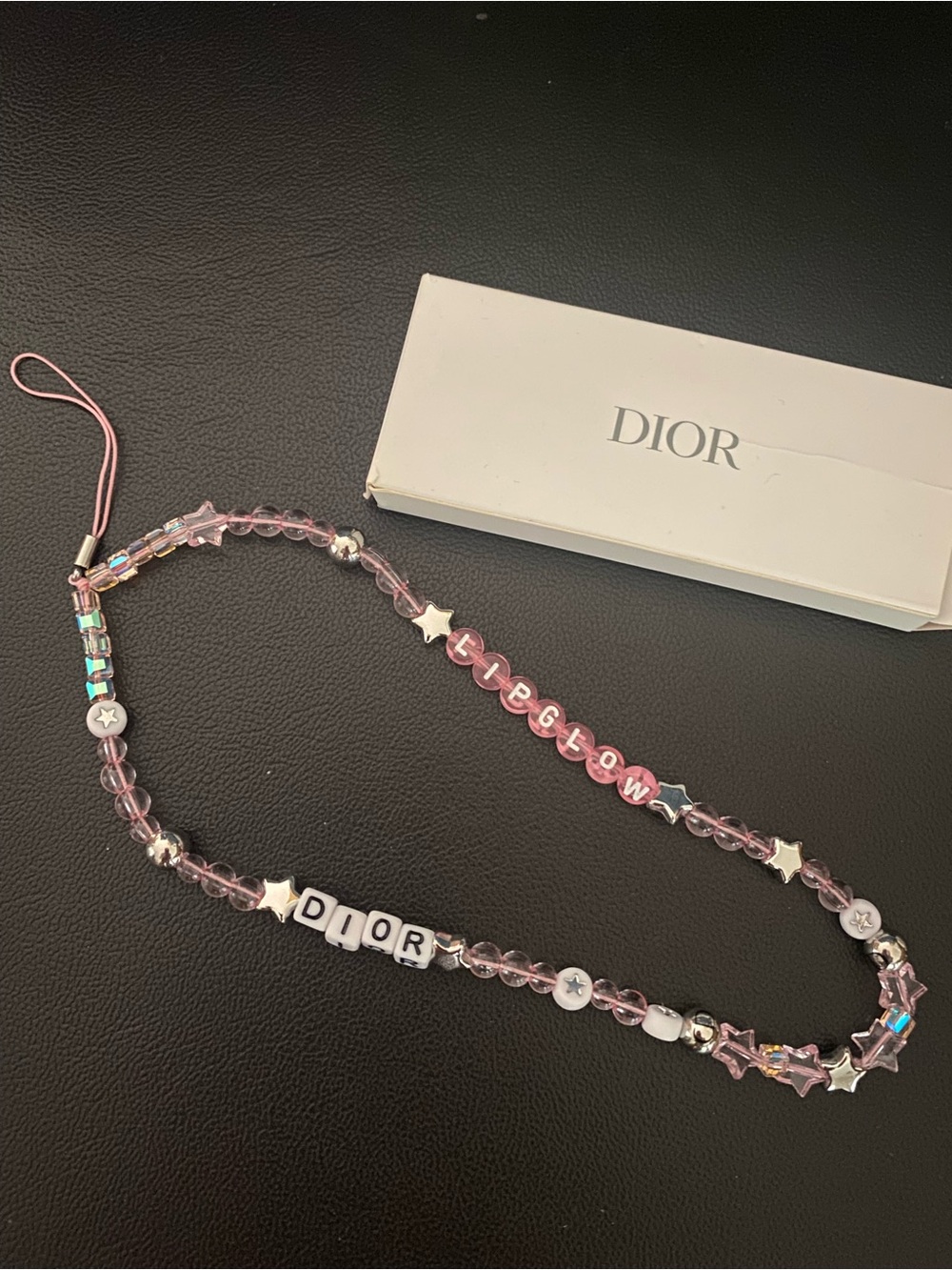 Dior Pink Beaded Phone Strap with Logo.